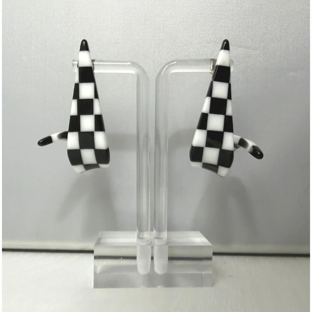 Vintage Earrings Checkered Acrylic Pop Art Black White